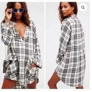 Free People x CP Shades Checkmate Plaid Shirt Dress Black Ivory Long Sleeve XS